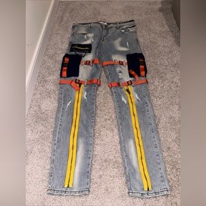 Mens PREME Multi Colored Skinny Cargo Stretch Jeans Size 38x34 With Straps NWT
